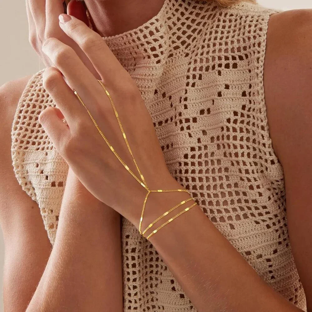 Dainty 14K Gold Plated Hand Chain Bracelet Women Layered Ring Jewelry
